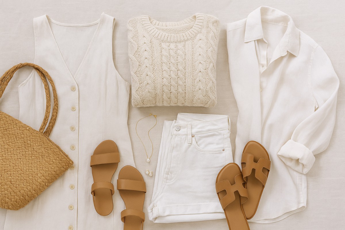 Flat lay for a coastal chic capsule wardrobe
