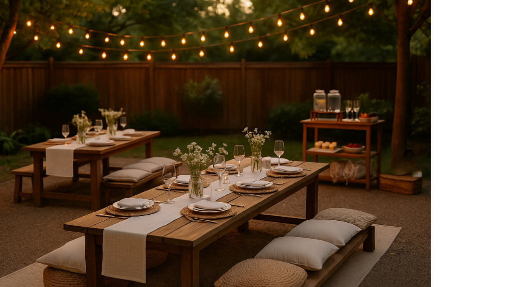 Styled outdoor summer party table with string lights and fresh flowers