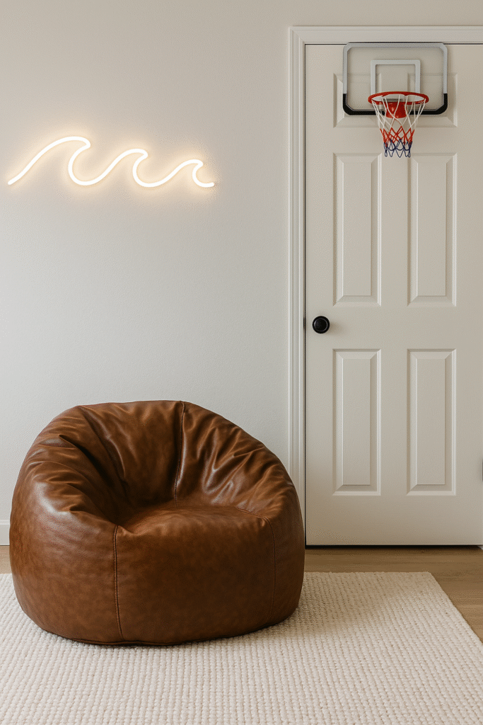 bean bag chair with basketball hoop and rope lights for kids room makeover 2025