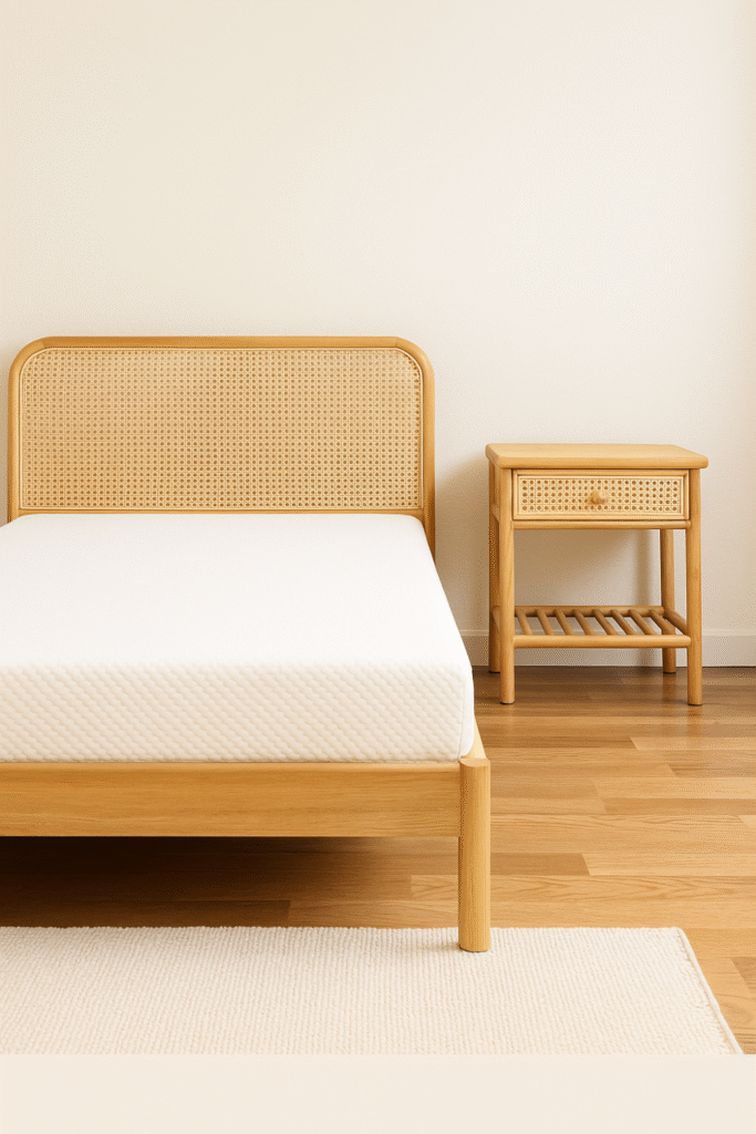 natural wood rattan bed frame with mattress