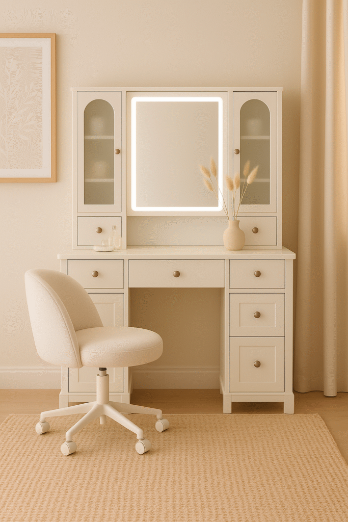 white vanity with LED mirror and white soft chair