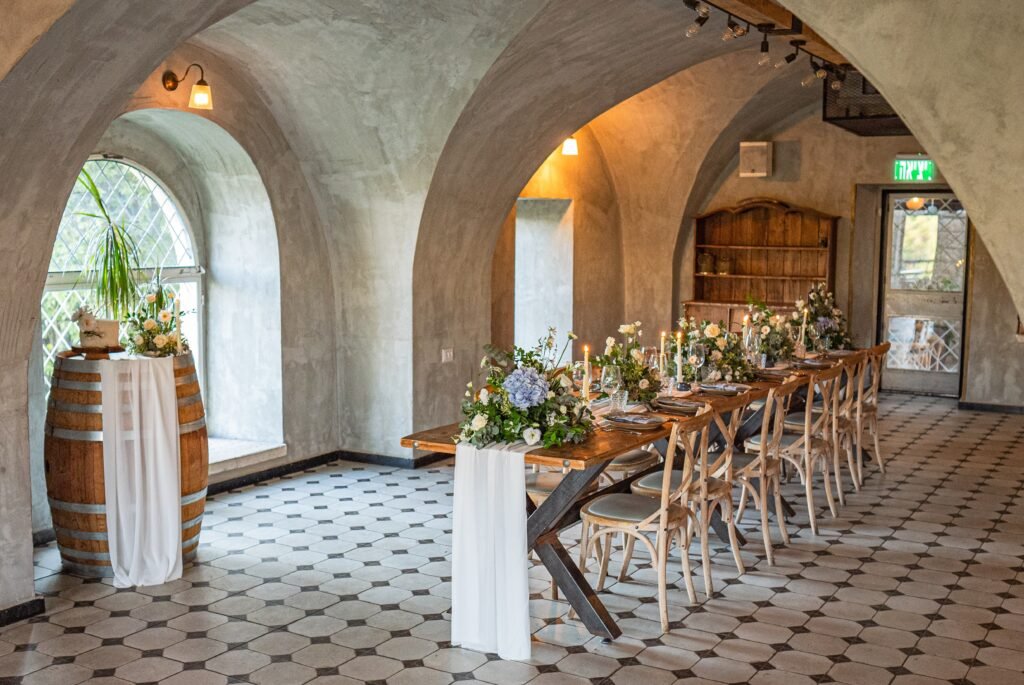 table setting and cake at our wedding in Jerusalem, Israel