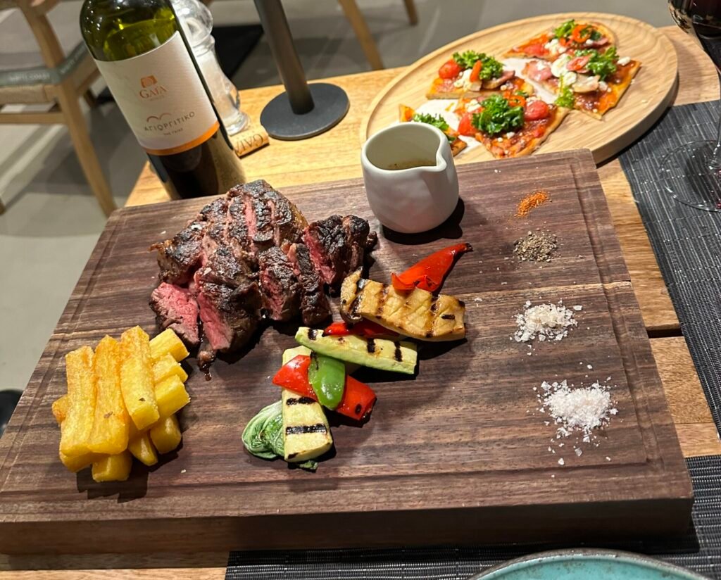 Steak dinner at Domes White Coast in Milos Greece