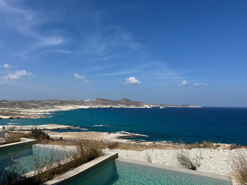 View of Sarakiniko Beach from Domes White Coast Milos Resort