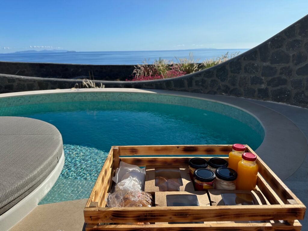 breakfast by the pool in Santorini